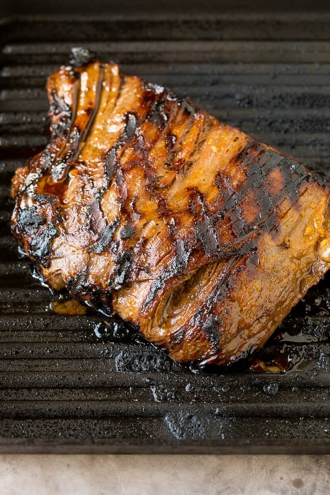 Beef cooked on a grill pan.