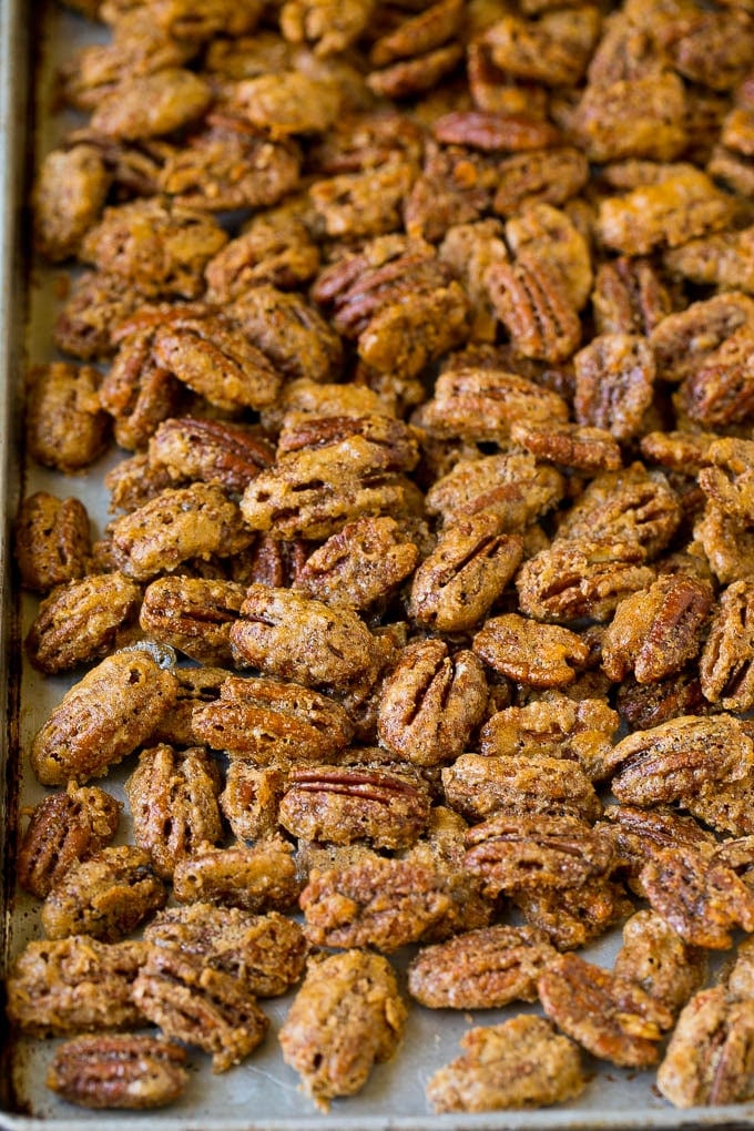 Candied Pecans Recipe | Glazed Pecans | Sugared Pecans #pecans #nuts #snack #dessert #uzhal Cooked glazed nuts on a sheet pan.
