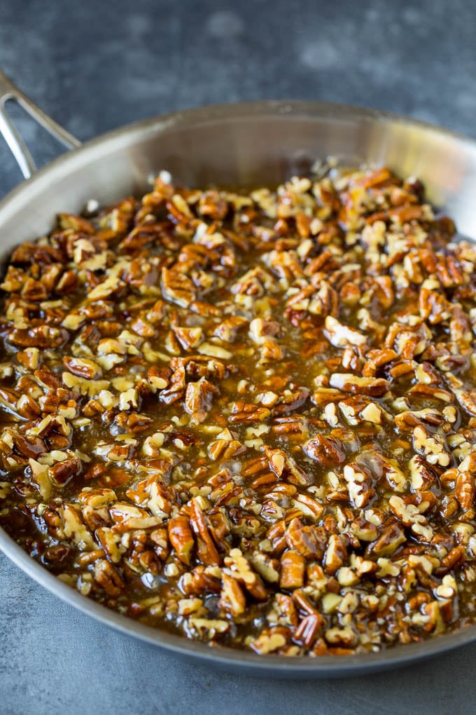 Pecan Pie Bars Recipe #pecans #pie #fall #pecanpie #dessert #thanksgiving #uzhal Pecan pie filling in a pan.