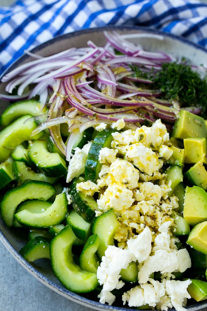 Veggies and cheese topped with Greek dressing.