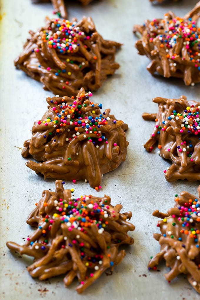 Haystack Cookies Recipe | No Bake Cookies | Chow Mein Noodle Cookies #nobakecookies #cookies #recipe #chocolate #uzhal Haystack cookies made with chow mein noodles on a baking sheet.