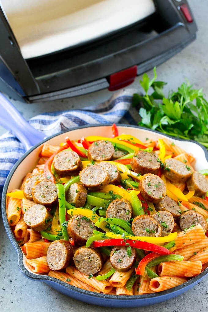Finished pasta in a skillet.