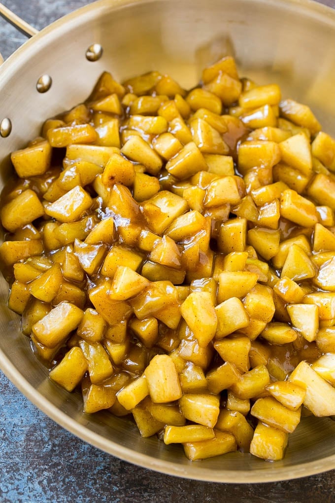 Fried Apple Pies Recipe | McDonald's Copycat Recipe | Apple Pie | Apple Hand Pies #pie #apples #applepie #dessert #snack #uzhal Homemade apple pie filling in a skillet.