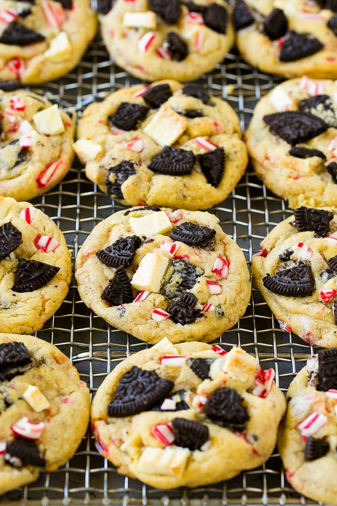 Oreo Peppermint Cookies Recipe | Candy Cane Cookies | Oreo Cookies #oreo #peppermint #cookies #baking #Christmas #sweets #uzhal Oreo peppermint cookies on a cooling rack.