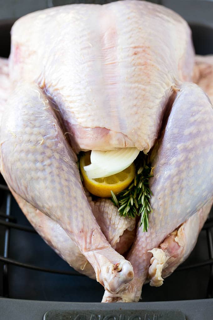 Roast Turkey Recipe | Thanksgiving Turkey | Holiday Turkey | Baked Turkey #turkey #thanksgiving #christmas #dinner #glutenfree #uzhal A raw bird with onion, lemon and herbs in the cavity.