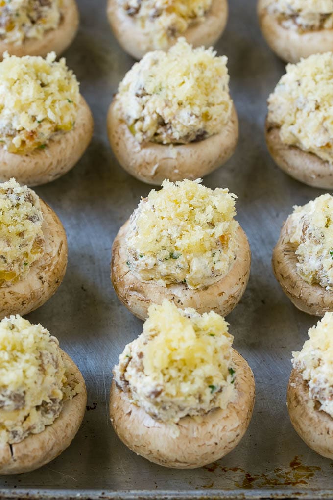 Sausage Stuffed Mushrooms Recipe | Stuffed Mushrooms | Mushroom Appetizer #mushrooms #sausage #appetizer #lowcarb #keto #uzhal Raw sausage stuffed mushrooms ready to go into the oven.