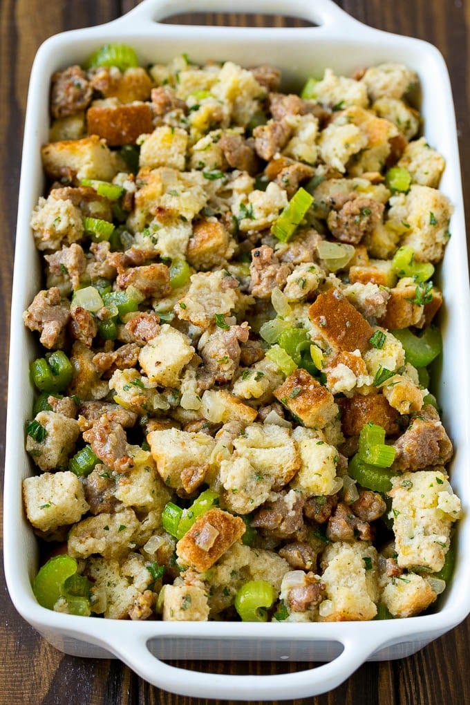 Sausage Stuffing Recipe | Thanksgiving Stuffing | Make Ahead Stuffing #stuffing #thanksgiving #sausage #sidedish #dinner #uzhal The ingredients for stuffing assembled in a pan and ready to go into the oven.
