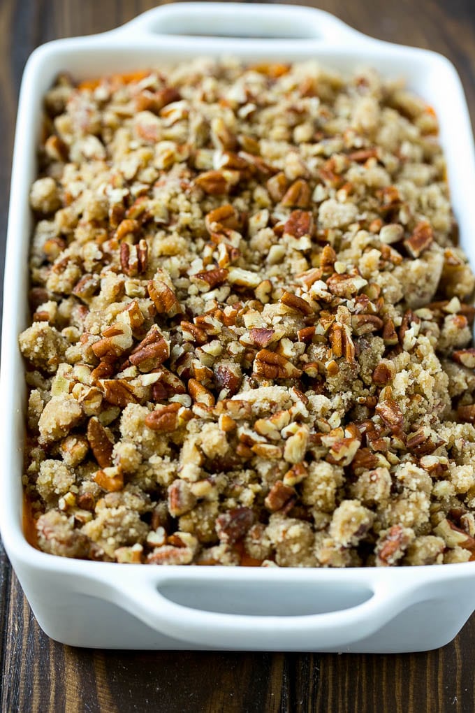 Sweet Potato Casserole with Pecans Recipe | Sweet Potato Casserole | Sweet Potato Side Dish #sweetpotatoes #thanksgiving #pecans #casserole #sidedish #holiday #fall #uzhal An uncooked sweet potato casserole with pecan streusel.