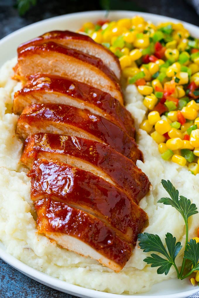 Smoked Chicken Breast Recipe | BBQ Chicken | Smoked Chicken #bbq #chicken #smoker #dinner #glutenfree #uzhal Sliced smoked chicken breast over mashed potatoes and corn.