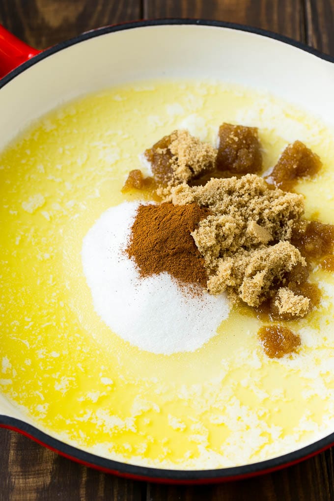 Fried Apples Recipe | Sauteed Apples | Cinnamon Sugar Apples #apples #cinnamon #sugar #sidedish #dessert #uzhal #fall Butter, brown sugar, granulated sugar and cinnamon in a pan.
