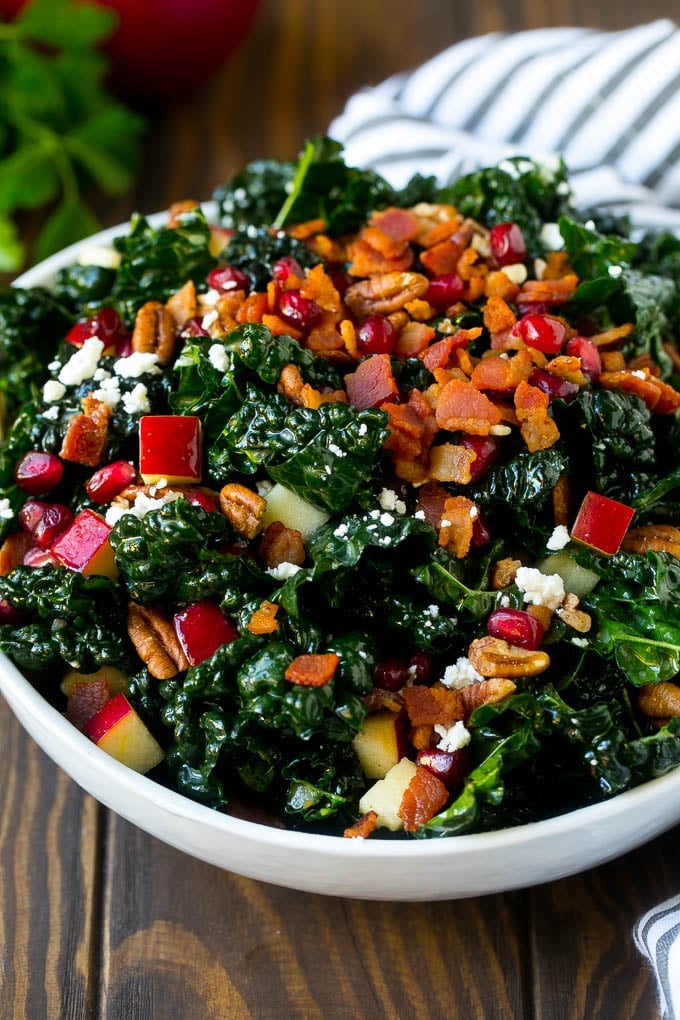 Apple Kale Salad Recipe | Kale Recipe | Fall Salad #kale #apples #bacon #salad #feta #dinner #lunch #uzhal Apple kale salad topped with bacon and pecans.