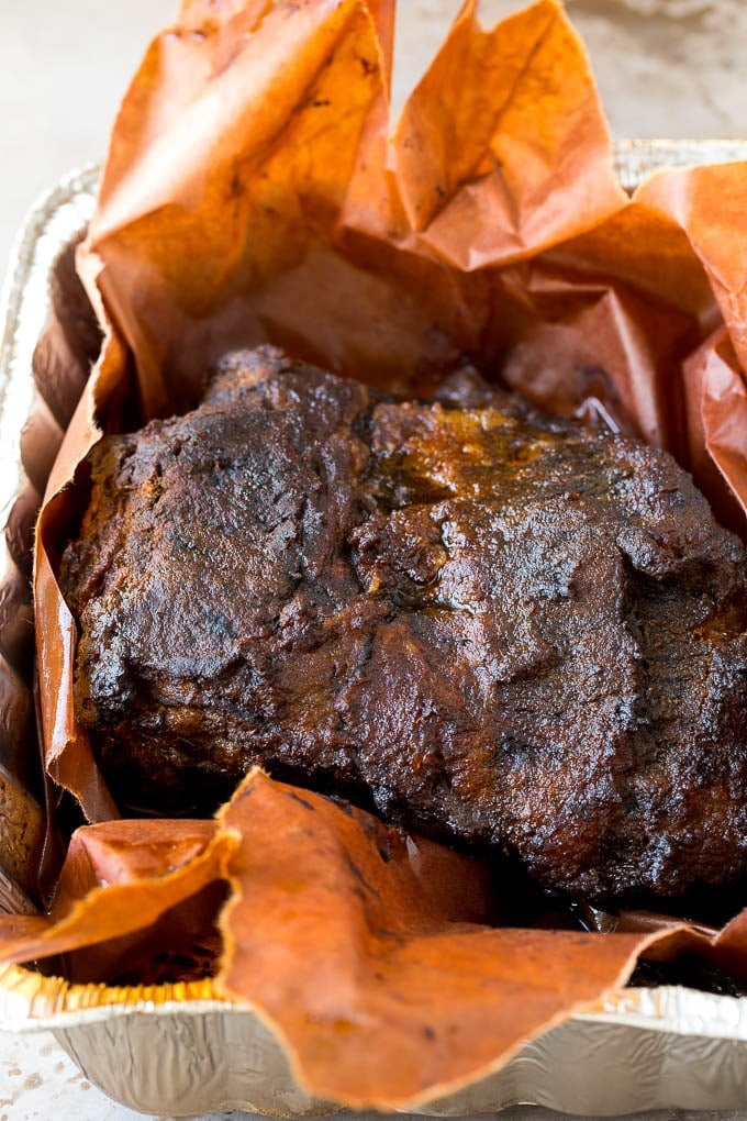 Burnt Ends Recipe | Smoked Brisket | Beef Brisket #brisket #bbq #smoker #beef #dinner #uzhal Smoked brisket in a metal pan.