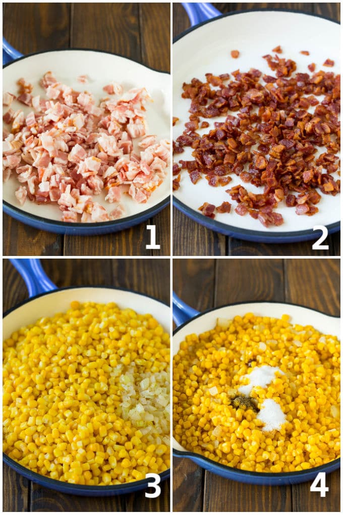 Bacon Fried Corn Recipe | Sauteed Corn | Corn Side Dish #corn #bacon #sidedish #glutenfree #dinner #uzhal Step by step process shots of corn and bacon being cooked.