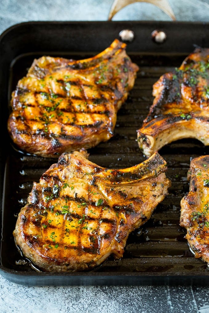 Grilled Pork Chops | Pork Chop Marinade #porkchops #grilling #pork #marinade #dinner #uzhal Pork chops on a grill pan.