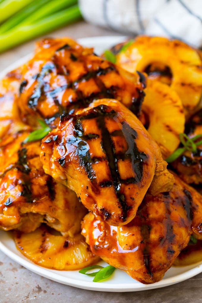 Huli Huli Chicken Recipe | Hawaiian Chicken | Grilled Chicken Thighs #chicken #pineapple #grilling #dinner #uzhal A plate of grilled huli huli chicken and pineapple.