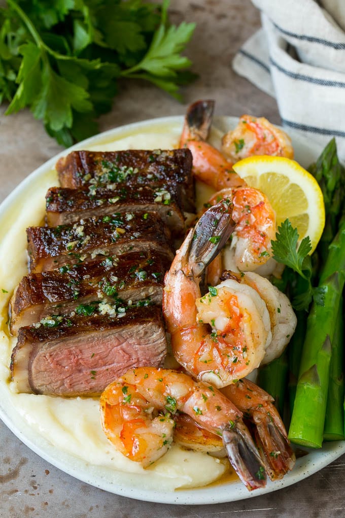 Surf and Turf Recipe | Seared Steak #steak #shrimp #keto #lowcarb #dinner #uzhal Surf and turf with steak, shrimp, mashed potatoes and asparagus.