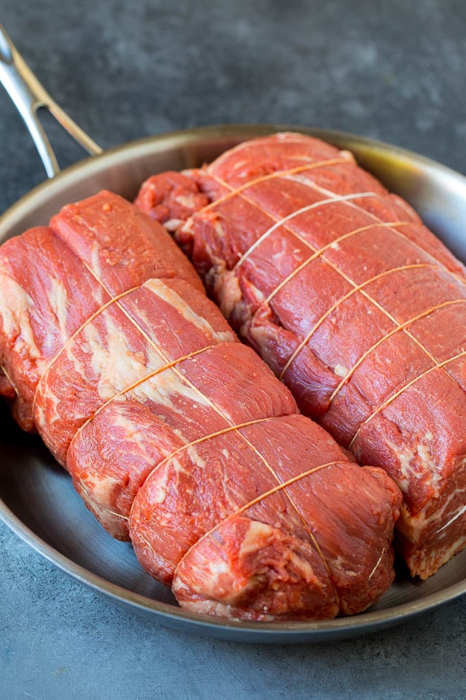 Beef Tenderloin with Garlic Butter #beef #steak #dinner #uzhal Beef tenderloin roasts tied with twine.