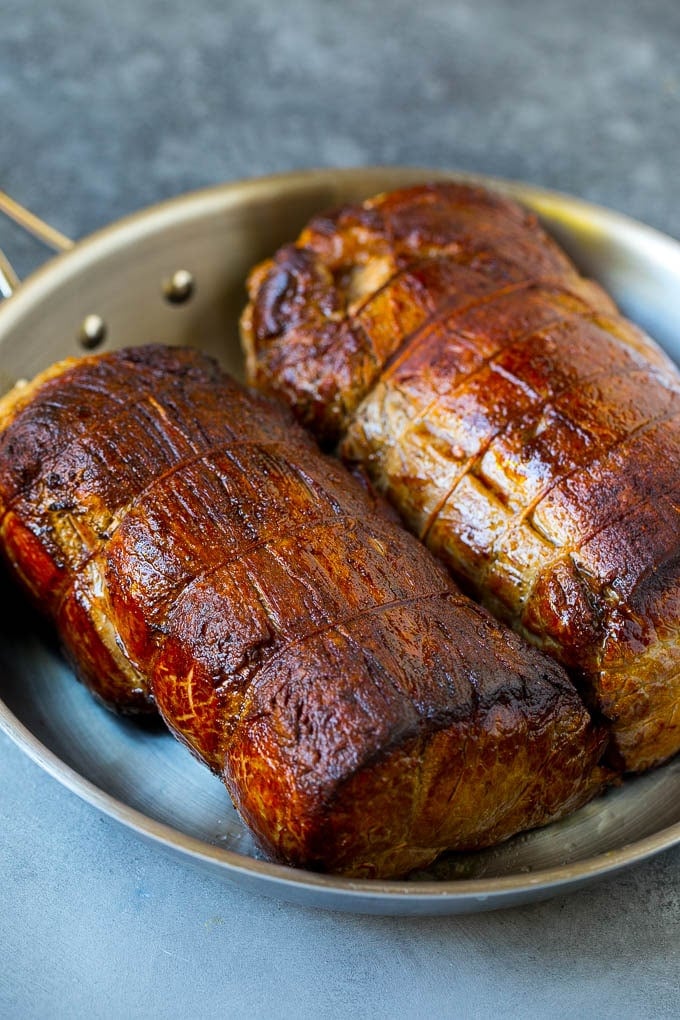 Beef Tenderloin with Garlic Butter #beef #steak #dinner #uzhal Seared tenderloin roasts in a pan.