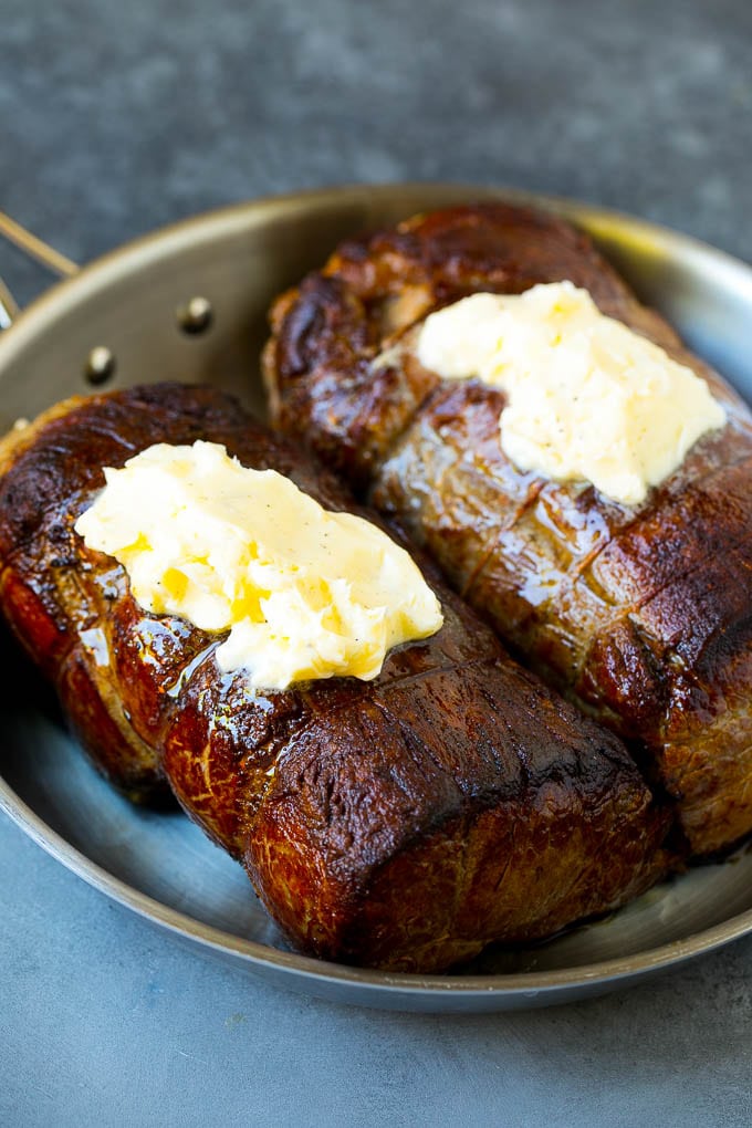 Beef Tenderloin with Garlic Butter #beef #steak #dinner #uzhal Beef roasts topped with garlic butter.