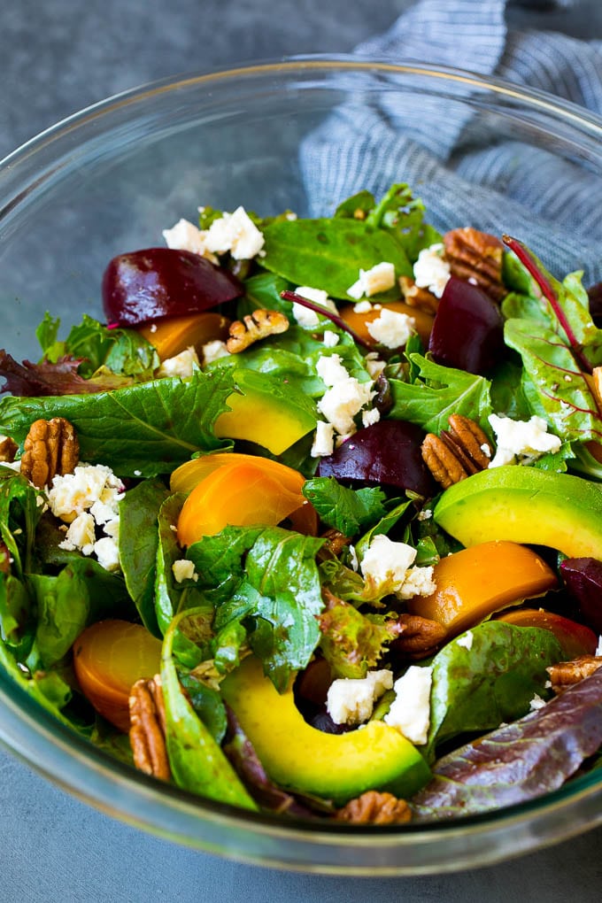 Beet Salad Recipe #beets #avocado #feta #salad #dinner #uzhal Beet salad with mixed greens, feta cheese and avocado.