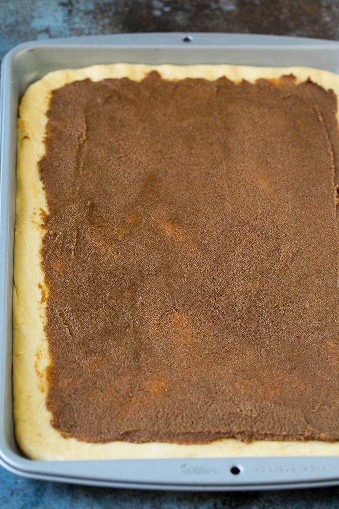 Cinnamon Rolls Recipe | Cinnamon Buns #cinnamon #rolls #pastry #breakfast #brunch #sweets #uzhal #baking #bread Brown sugar and butter filling spread onto dough.