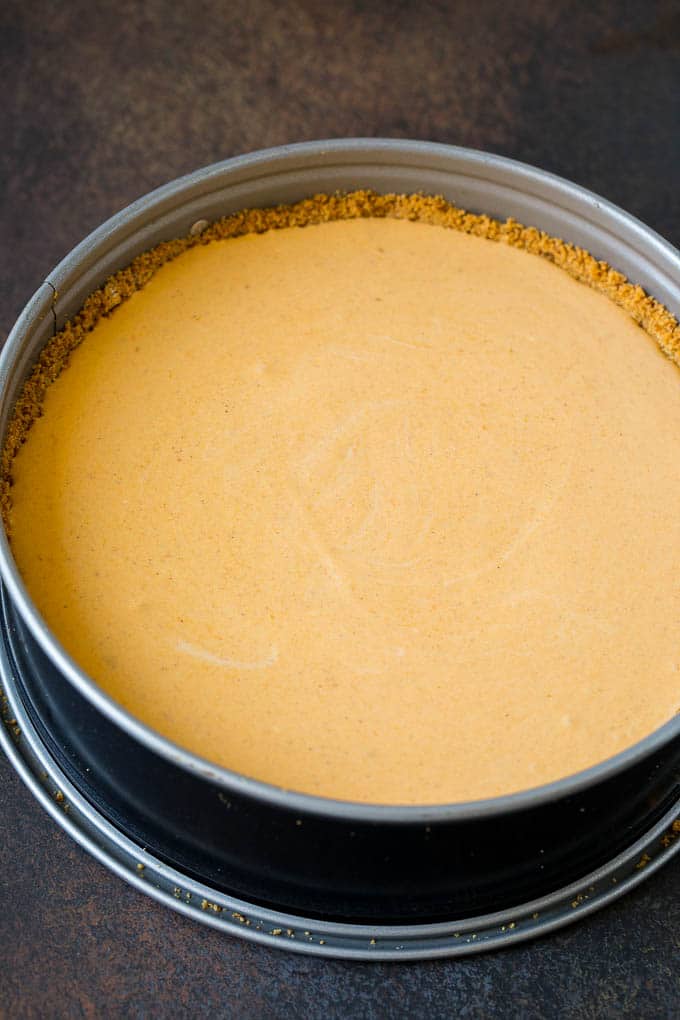 Pumpkin Pie Cheesecake Recipe | Pumpkin Cheesecake #cake #cheesecake #pumpkin #fall #thanksgiving #dessert #uzhal Cheesecake batter in a baking pan.