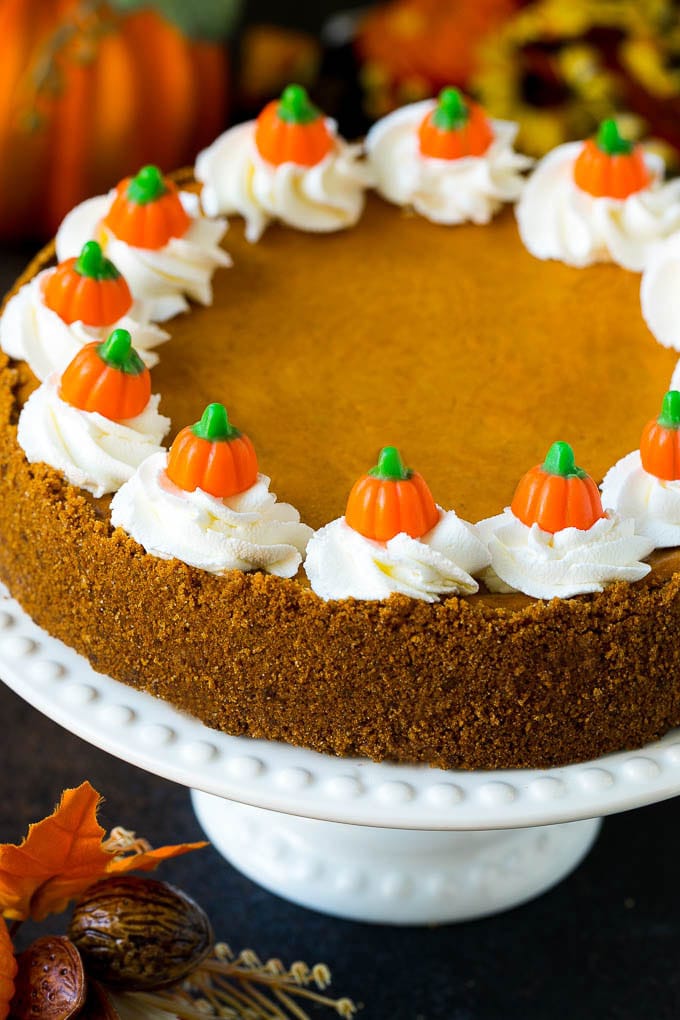 Pumpkin Pie Cheesecake Recipe | Pumpkin Cheesecake #cake #cheesecake #pumpkin #fall #thanksgiving #dessert #uzhal Pumpkin pie cheesecake topped with whipped cream and candy pumpkins.