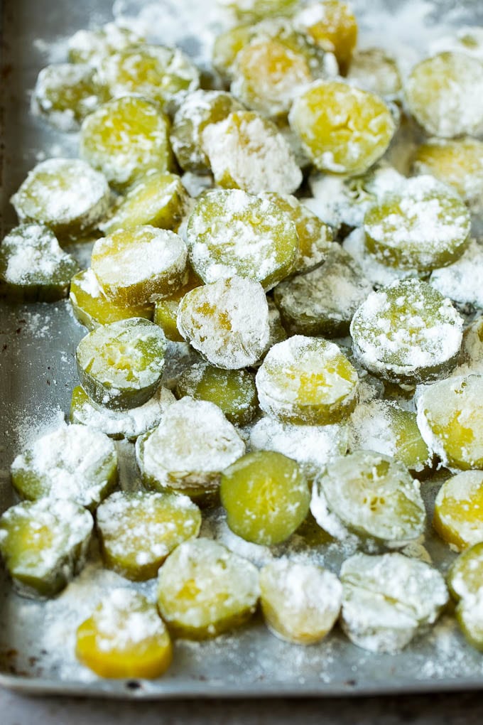 Fried Pickles Recipe #pickles #appetizer #snack #uzhal Pickle slices coated in flour.