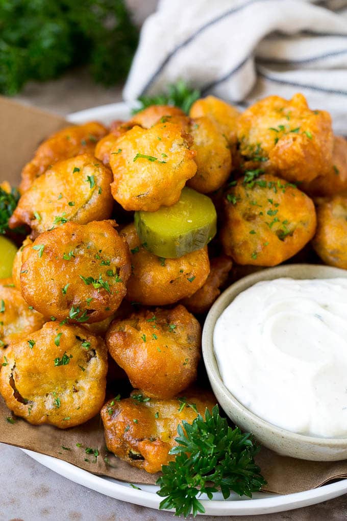 Fried Pickles Recipe #pickles #appetizer #snack #uzhal A plate of fried pickles, served with ranch dip.