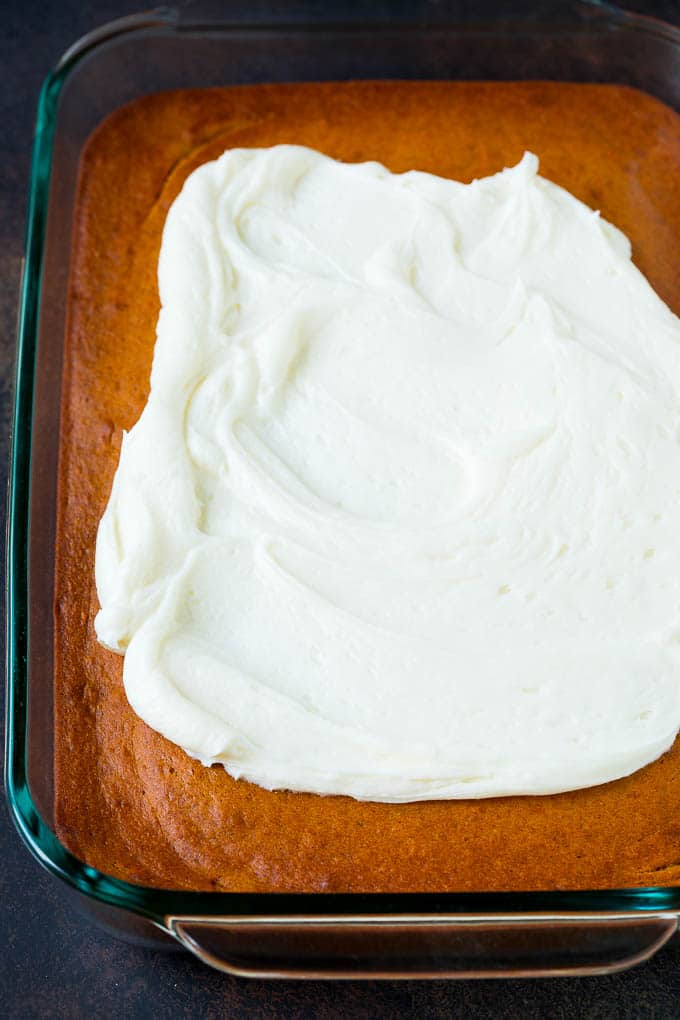 Pumpkin Cake Recipe | Pumpkin Spice Cake #cake #pumpkin #dessert #baking #fall #thanksgiving #uzhal Cream cheese frosting on a fall base.