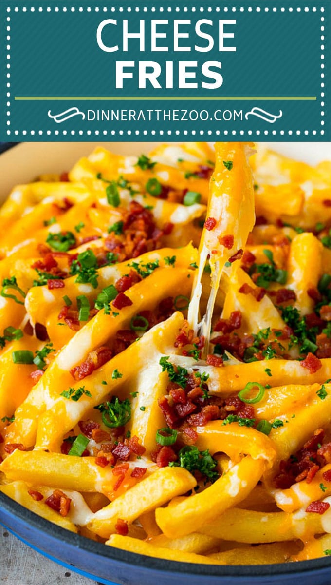 These cheese fries are crispy potatoes topped with plenty of melted cheese, bacon and herbs. #fries #uzhal