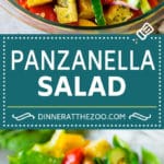 Panzanella salad with toasted bread cubes and colorful vegetables all tossed in a homemade dressing. #salad #uzhal
