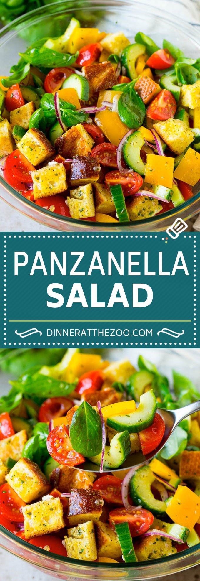 Panzanella salad with toasted bread cubes and colorful vegetables all tossed in a homemade dressing. #salad #uzhal