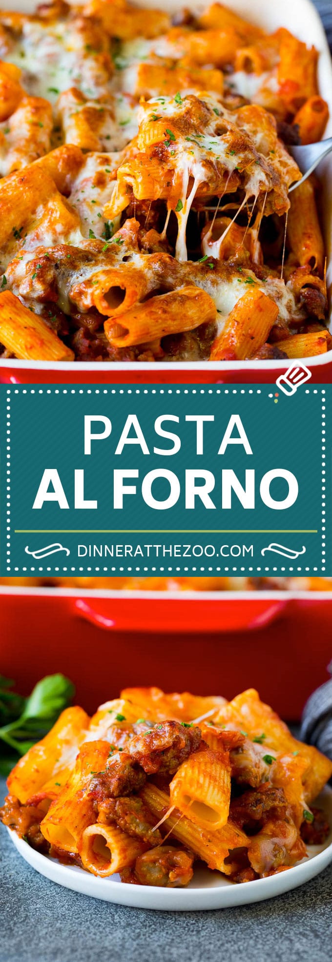 Pasta al Forno is hearty rigatoni noodles tossed in a savory meat sauce then topped with cheese and baked. #pasta #uzhal