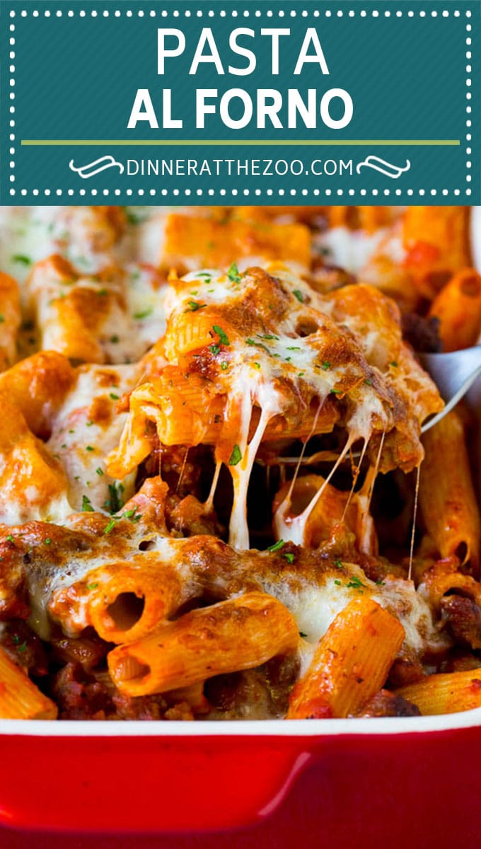 Pasta al Forno is hearty rigatoni noodles tossed in a savory meat sauce then topped with cheese and baked. #pasta #uzhal