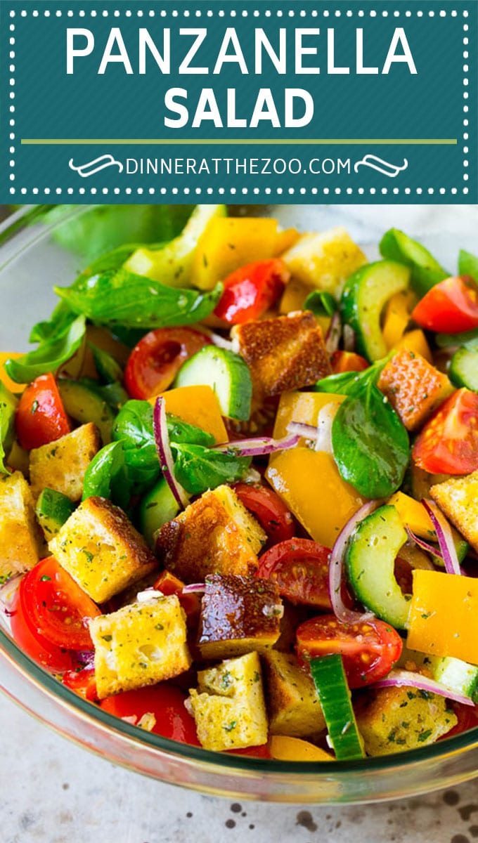Panzanella salad with toasted bread cubes and colorful vegetables all tossed in a homemade dressing. #salad #uzhal