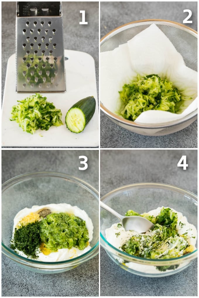 The best homemade tzatziki sauce with cucumber and herbs mixed into Greek yogurt. #appetizer #uzhal Process shots including grated cucumber, ingredients in a bowl, and a spoon stirring everything.