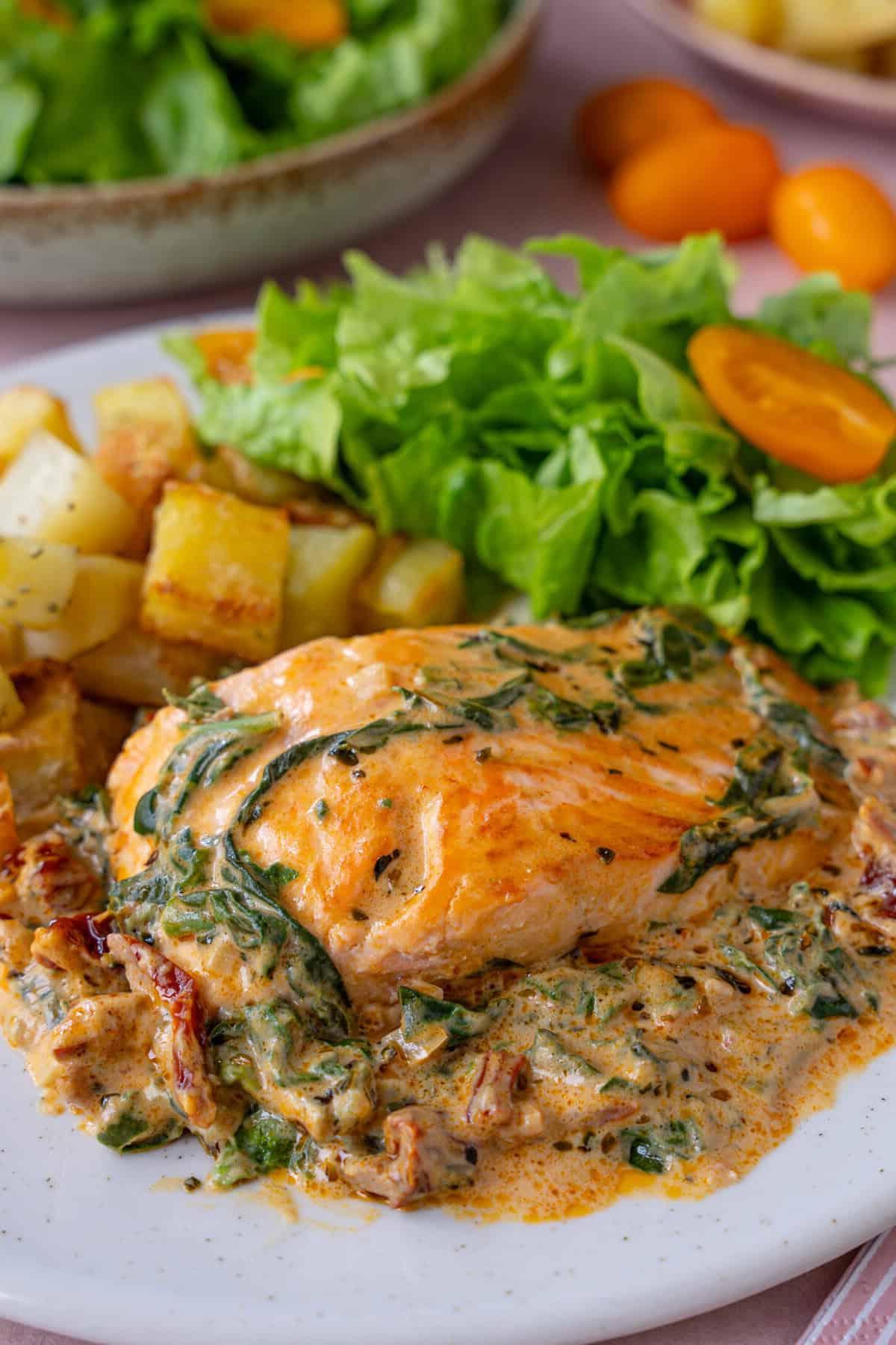 Salmone Cremoso Toscano 4 Un piatto di salmone toscano con patate parmentier e insalata.