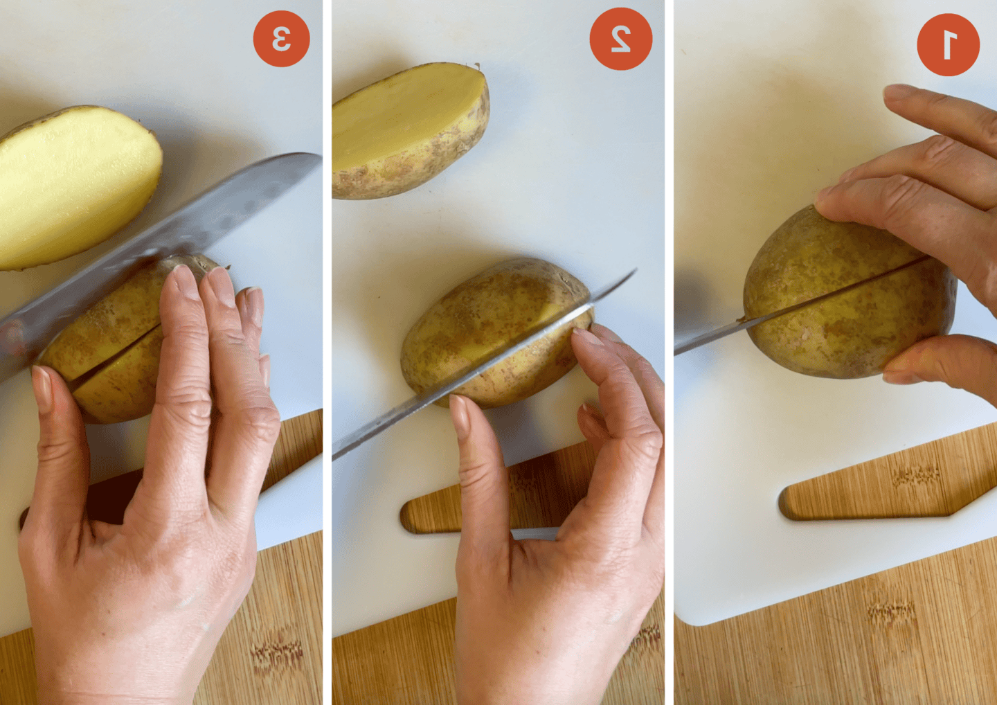 Patate a spicchi senza glutine 4 Tre fasi di taglio degli spicchi di patate.