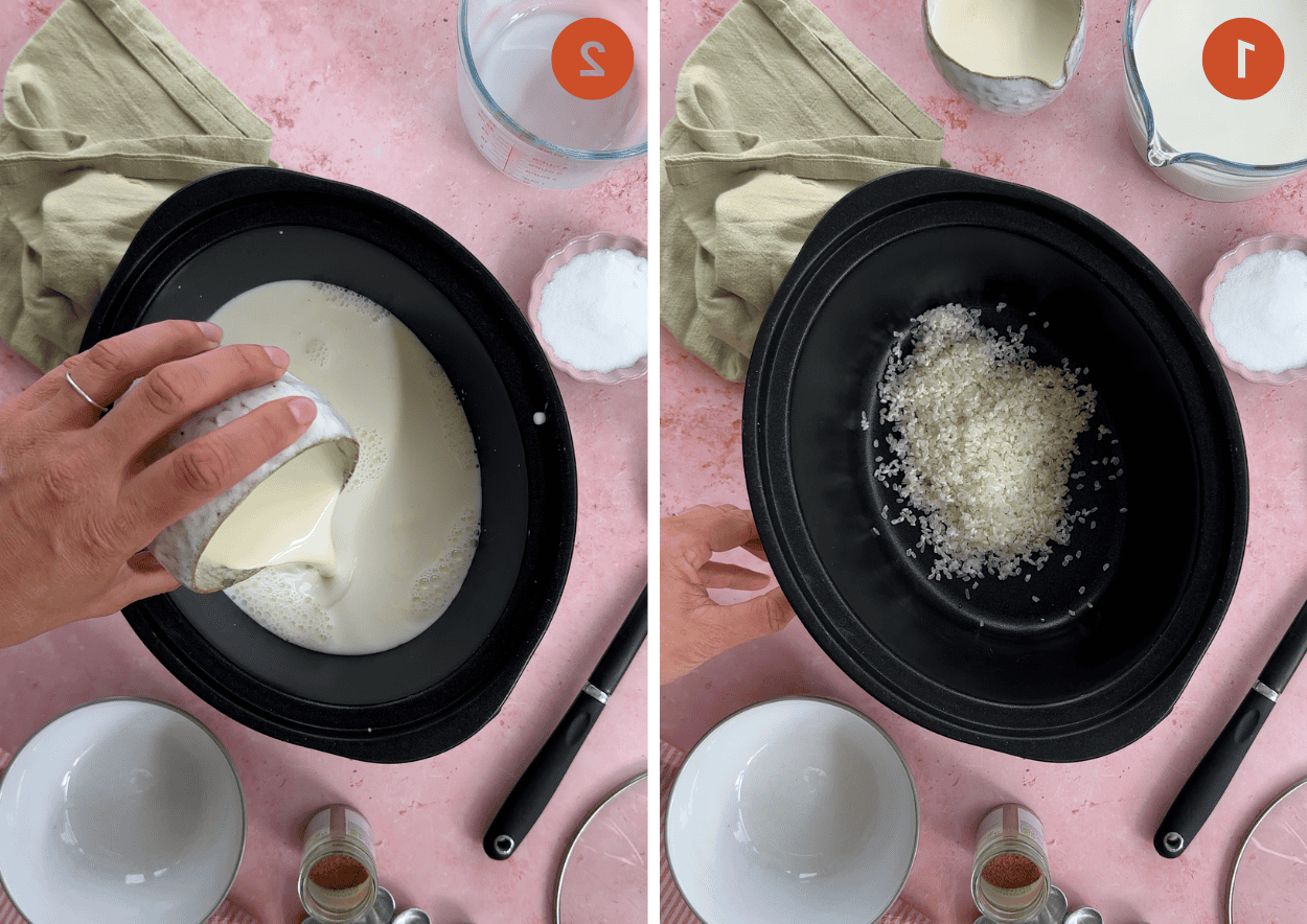 Aggiungere il riso per budino a una slow cooker, quindi aggiungere latte e panna per fare il budino di riso.