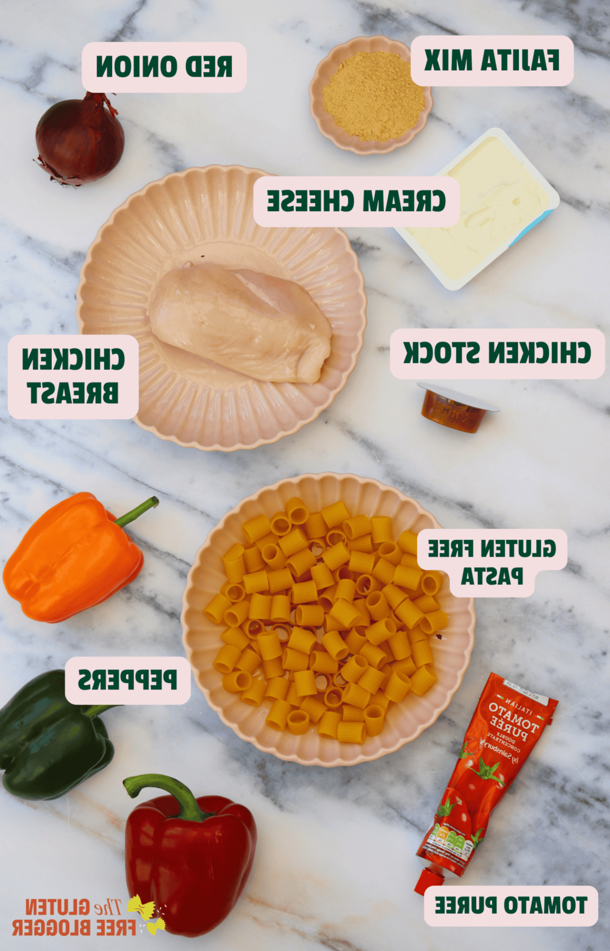 Ingredienti per fare la pasta fajita al pollo con etichette di testo.