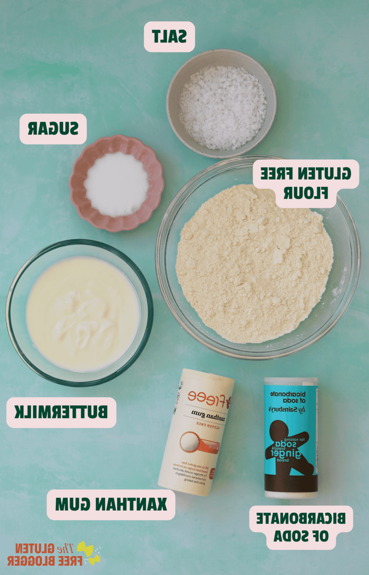 Ingredienti per farls di soda irlandesi su uno sfondo verde.