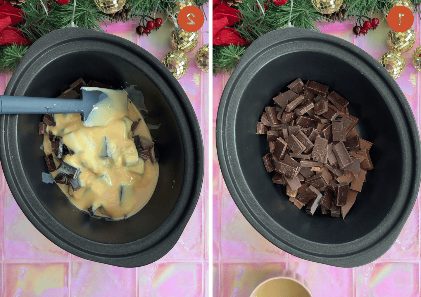 Fudge al Baileys 5 Tutti gli ingredienti per il fudge al Baileys (cioccolato, latte condensato e Baileys) nella pentola di una slow cooker.