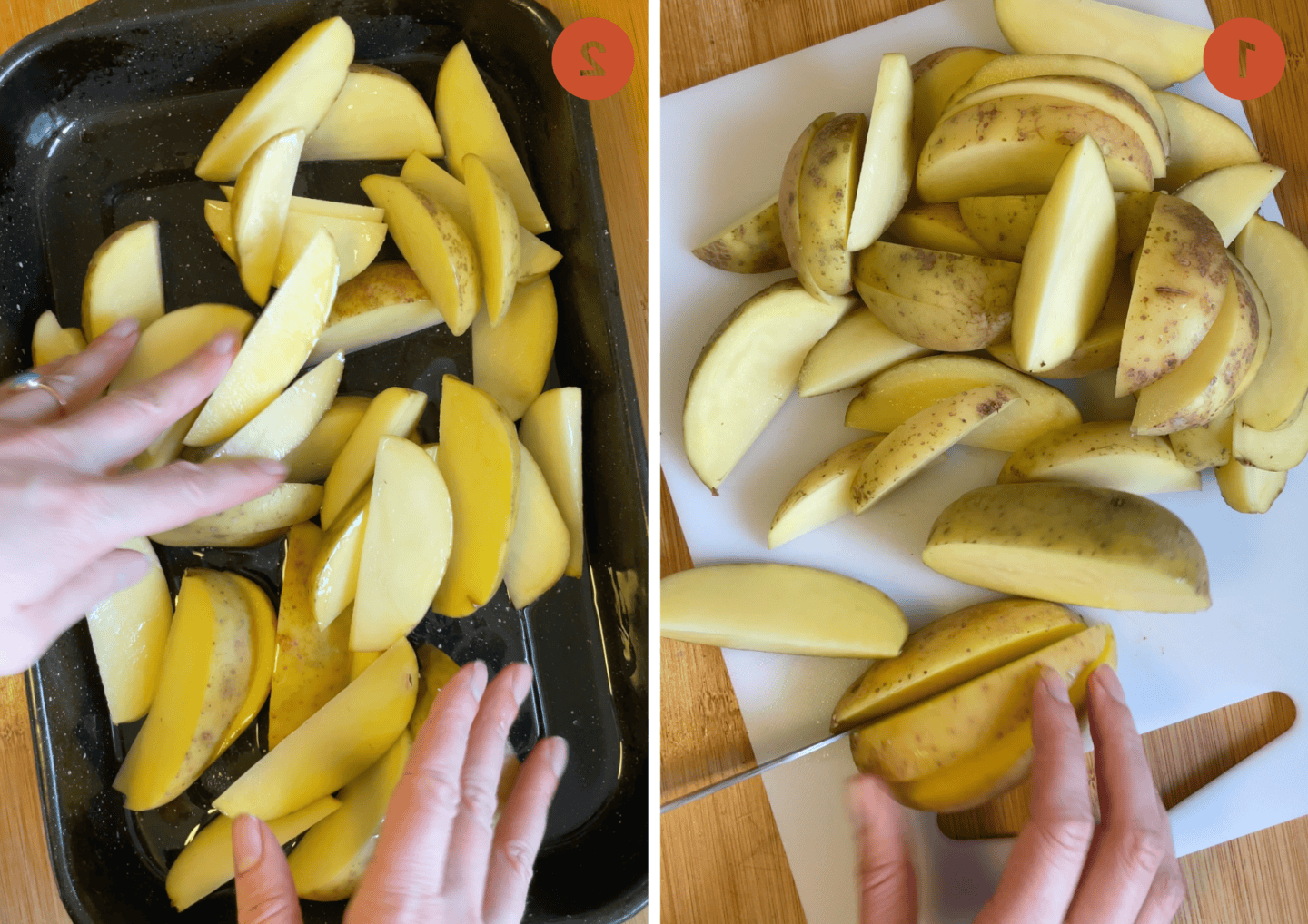 Patate a spicchi senza glutine 5 Tagliare le patate a spicchi e aggiungerle a una teglia con olio.