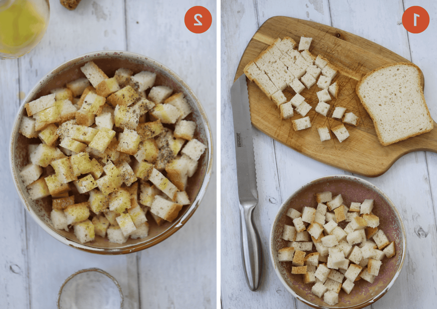 Taglio del pane per i crostini e i crostini non cotti in una ciotola con il condimento.