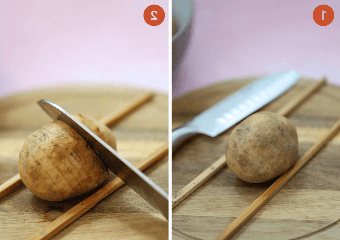 Patate Hasselback in friggitrice ad aria 4 Usare due bacchette per tagliare le patate hasselback.