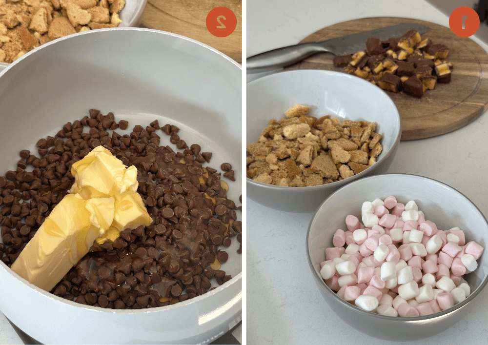 Rocky Road Senza Glutine 5 Gli ingredienti per un rocky road senza glutine e il cioccolato e il burro in una padella.