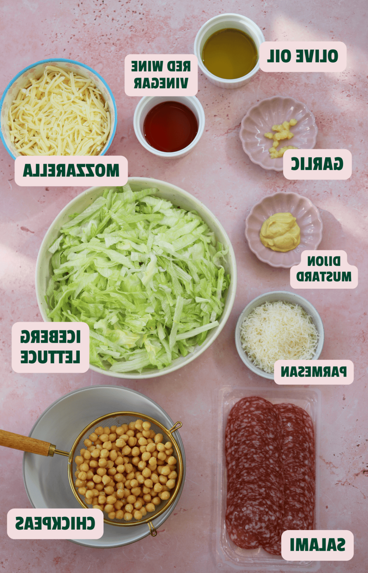 Ingredienti per l'Insalata Tritata La Scala con etichette di testo.