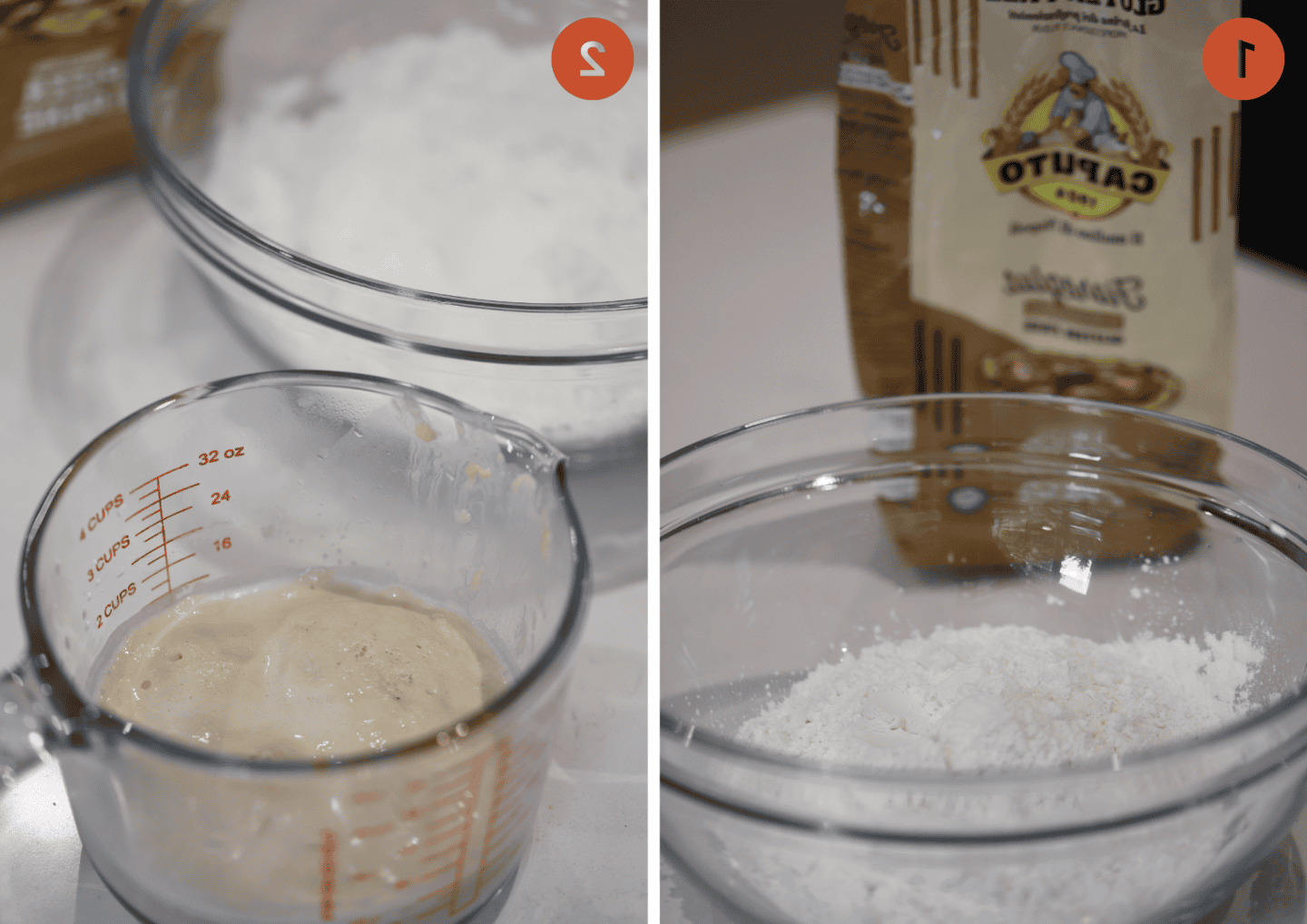 Caputo Impasto per Pizza Senza Glutine 5 Farina Caputo senza glutine in una ciotola con lievito e altri ingredienti secchi.