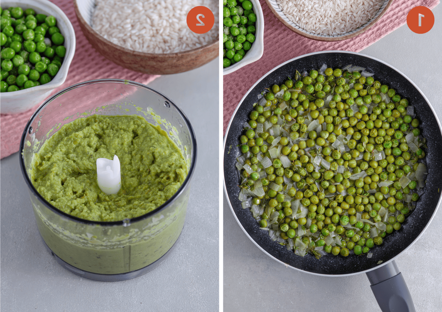 Risotto di Piselli 5 Friggere gli ingredienti per la purea di piselli e (a destra) la purea in un robot da cucina.
